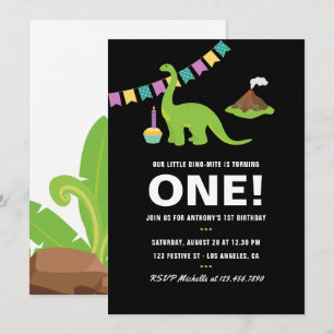 Schwarz-weiße Dinosaurier-Party zum 1. Geburtstag Einladung
