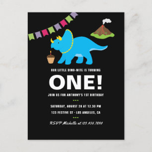 Schwarz-weiße Dinosaurier-Party zum 1. Geburtstag Einladungspostkarte