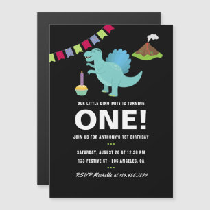 Schwarz-weiße Dinosaurier-Party zum 1. Geburtstag Magneteinladung