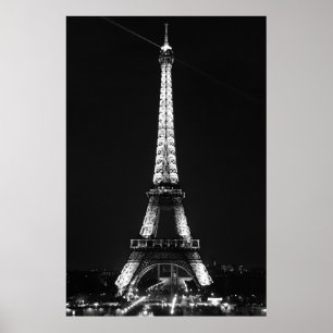 Schwarz-weiße Eiffelturm in Paris Nacht Poster