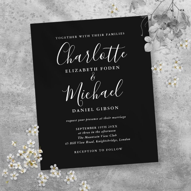 Schwarz-weiße Einladung zur Hochzeitsfeier (Budget Black White Script Wedding Invitation)