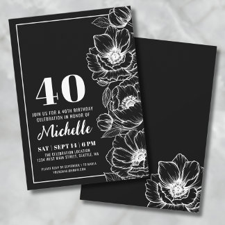 Schwarz-weiße Elegant Floral 40. Geburtstag Einladung