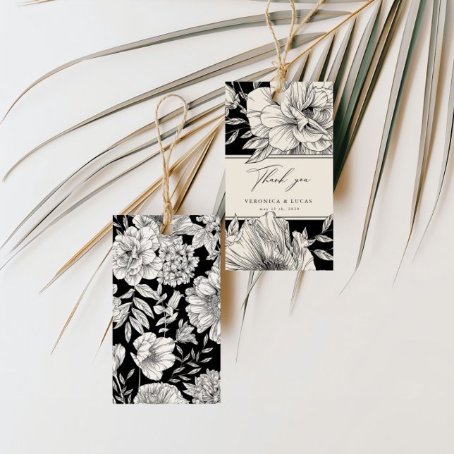 Schwarz-weiße Elegant Floral Wedding Vielen Dank Geschenkanhänger (Von Creator hochgeladen)