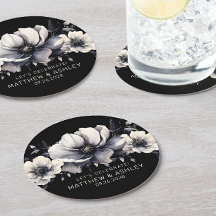 Schwarz Weiße Elegante Florale Hochzeit Runder Pappuntersetzer