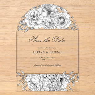 Schwarz Weiße Elegante Florale Save-the-Date-Karte Acryleinladungen