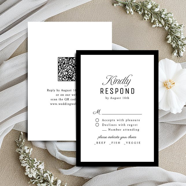 Schwarz-weiße elegante Skript-Hochzeit QR-Code RSVP Karte (Black White Classy Script Elegant QR code Wedding RSVP Card)