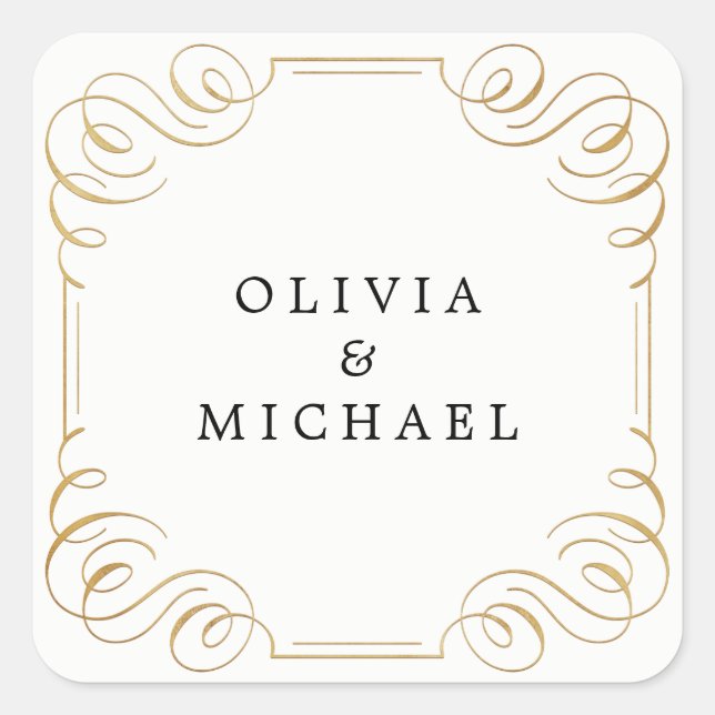 Schwarz-weiße, elegante Vintage geblüht Kalligraph Quadratischer Aufkleber (Vorderseite)