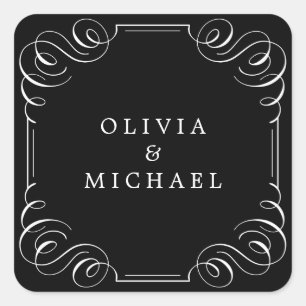 Schwarz-weiße, elegante Vintage geblüht Kalligraph Quadratischer Aufkleber