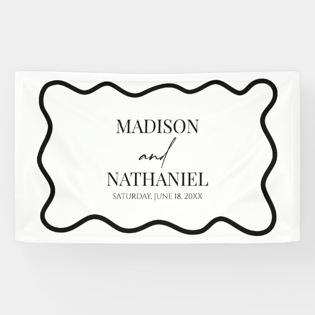 Schwarz Weiße Elegante Wellenförmige Hochzeit Banner (Horizontal)