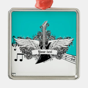 Schwarz-weiße elektrische Gitarre mit Flügelverzie Silbernes Ornament