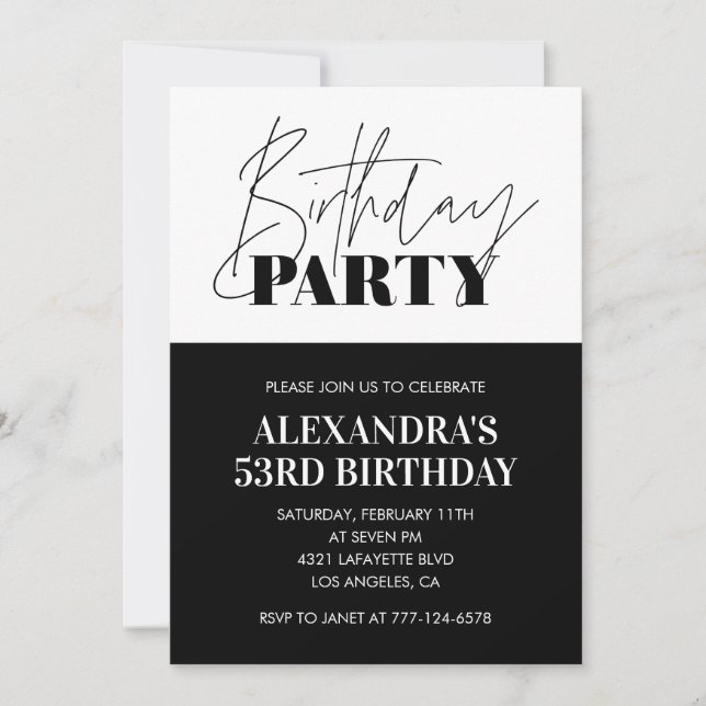 Schwarz-weiße fette Typografie 53. Geburtstag Einladung (Vorderseite)