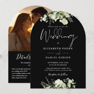 Schwarz-weiße Floral QR-Code-Foto-Bogen-Hochzeit Einladung