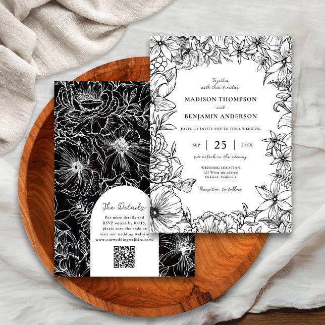 Schwarz Weiße Florale Bogen-RSVP-QR-Code-Hochzeit Einladung (Von Creator hochgeladen)