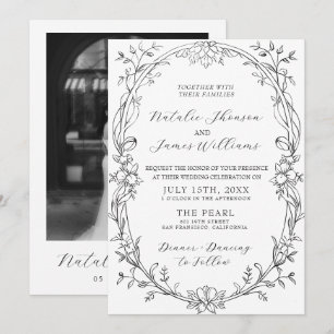 Schwarz-Weiße Florale Foto-Hochzeit im Stil des al Einladung