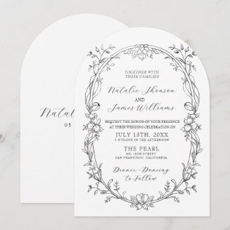 Schwarz-Weiße florale gebogene Old Money Hochzeit Einladung