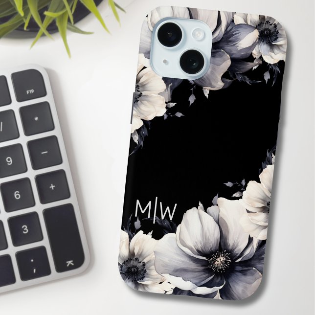 Schwarz-weiße florale Monogramm Case-Mate iPhone Hülle (Chic Elegant Modern Floral Black White Monogram Case-Mate iPhone Case)