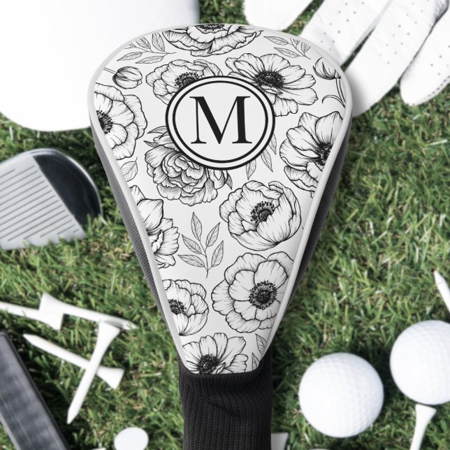 Schwarz-weiße florale Monogramm Golf Headcover (Black White Floral Monogram Golf Head Cover)