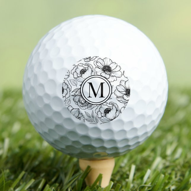Schwarz-weiße florale Monogramm Golfball (Black White Floral Monogram Golf Balls)