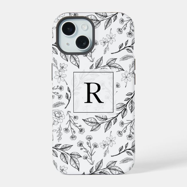 Schwarz-weiße florale Monogramm iPhone 15 Hülle (Rückseite)