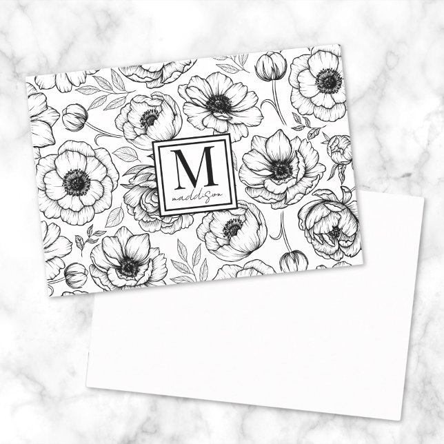 Schwarz-weiße florale Monogramm Mitteilungskarte (Black White Floral Monogram Note Card)
