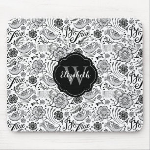 Schwarz-weiße florale Monogramm Mousepad