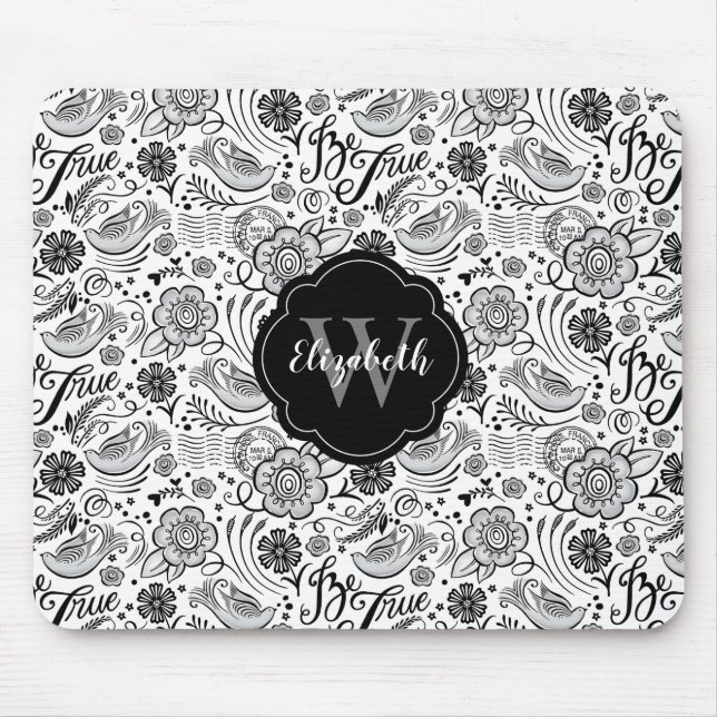 Schwarz-weiße florale Monogramm Mousepad (Vorne)