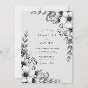 Schwarz-Weiße Florale Natur Hochzeit Einladung