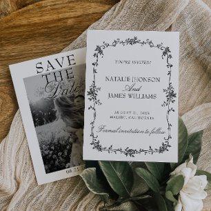 Schwarz-Weiße Florale Old Money Foto-Hochzeit Save The Date