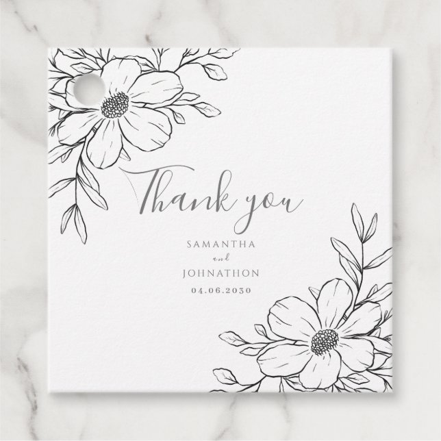 Schwarz-weiße florale Zeichnend Gastgeschenk Hochz Geschenkanhänger (Vorderseite)