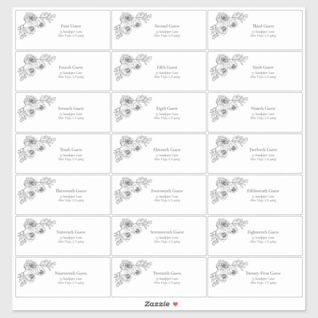 Schwarz-weiße Flororal Line Art Guest Adresse Aufkleber (Blatt)