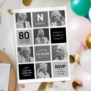 Schwarz-weiße FotoCollage 80. Geburtstag Einladung