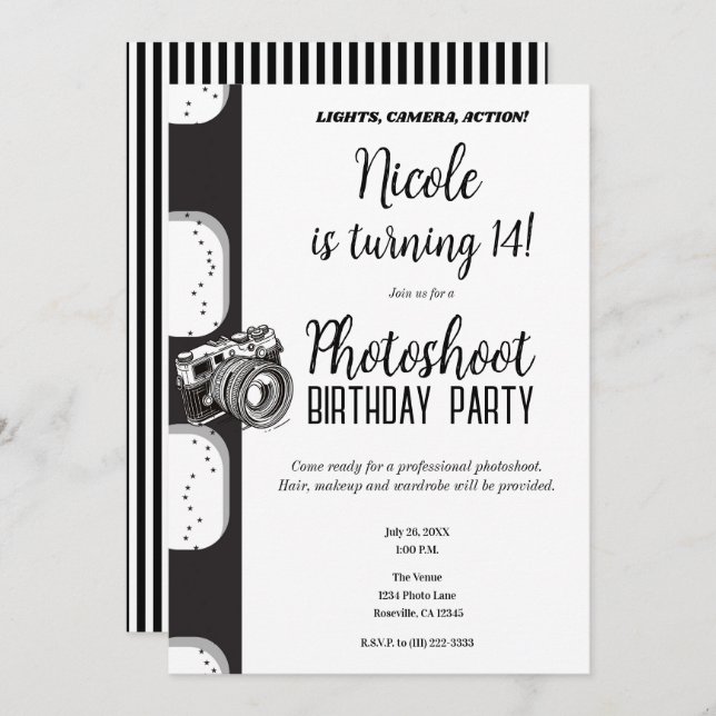 Schwarz-weiße Fotografie Geburtstagsparty Einladung (Vorne/Hinten)