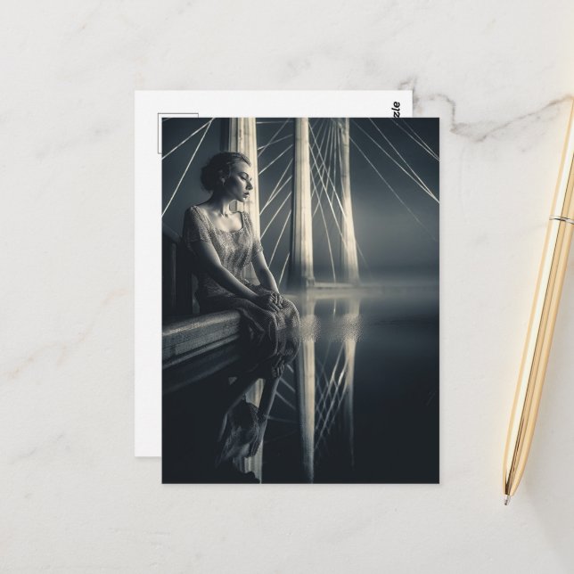 Schwarz-weiße Frau an der Bridge Double Exposure Postkarte (Vorderseite/Rückseite Beispiel)