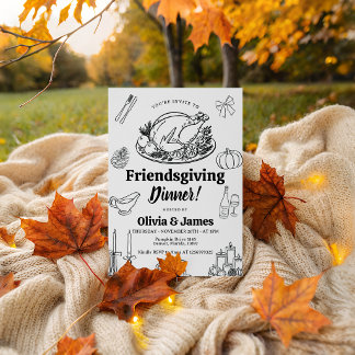 Schwarz-weiße Friendsgiving-Einladung im Linienkun Einladung