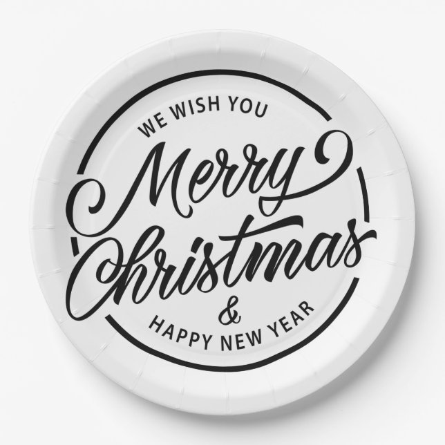 Schwarz-weiße Frohe Weihnachtskalligraphie Pappteller (Vorderseite)