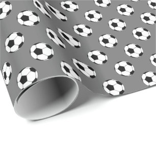 Schwarz/Weiße Fußballbälle auf Grau Geschenkpapier