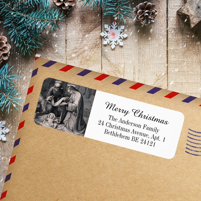 Schwarz-weiße Geburt Christlich katholische Weihna (Black and White Vintage Nativity Scene Religious  Christian Catholic Christmas Return Address Label)