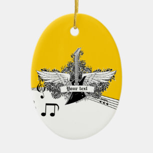 Schwarz-weiße gelbe Gitarre mit Flügeln Keramikornament