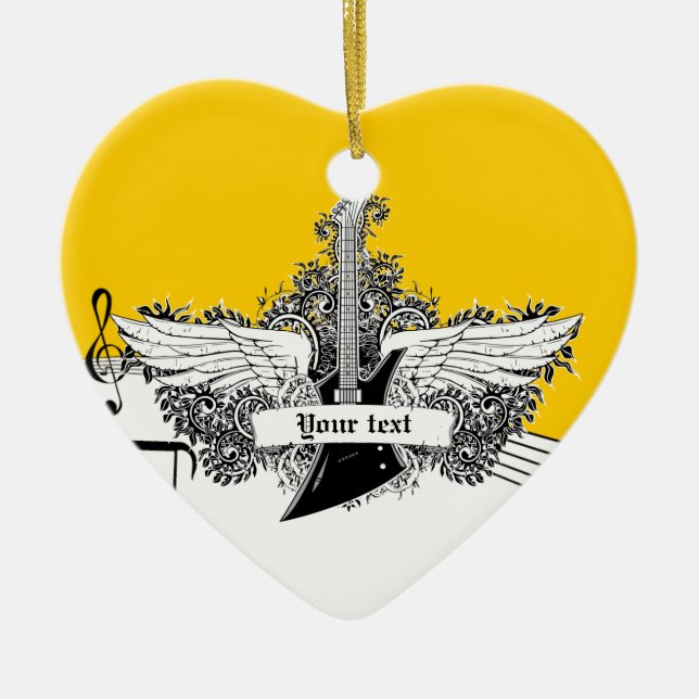 Schwarz-weiße gelbe Gitarre mit Flügeln Keramikornament (Vorne)