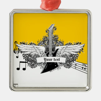 Schwarz-weiße gelbe Gitarre mit Flügeln Silbernes Ornament