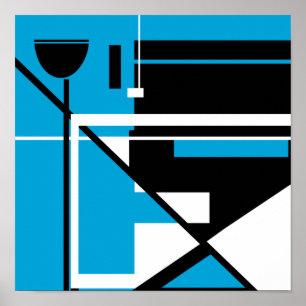 Schwarz-weiße Geometrie Abstrakt auf Mittelblau Poster