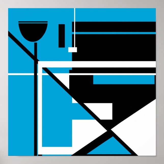Schwarz-weiße Geometrie Abstrakt auf Mittelblau Poster (Vorne)