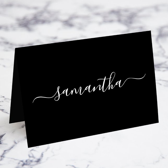 Schwarz-weiße Girly Signature Einzelne Platzkarten Tischnummer (Black and White Girly Signature Name Individual Fold Your Own Place Cards)