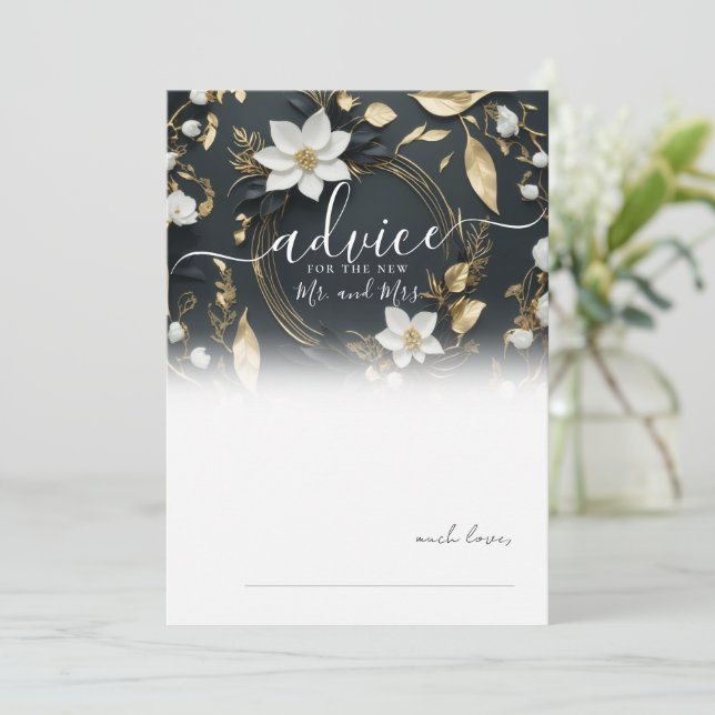 Schwarz-weiße Gold Floral Wreath Wedding Advice Ca Hinweiskarte (Stehend Vorderseite)