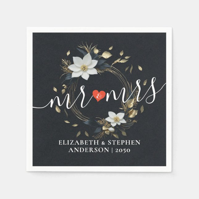 Schwarz-weiße Gold Floral Wreath Wedding Liebe Dan Serviette (Vorderseite)