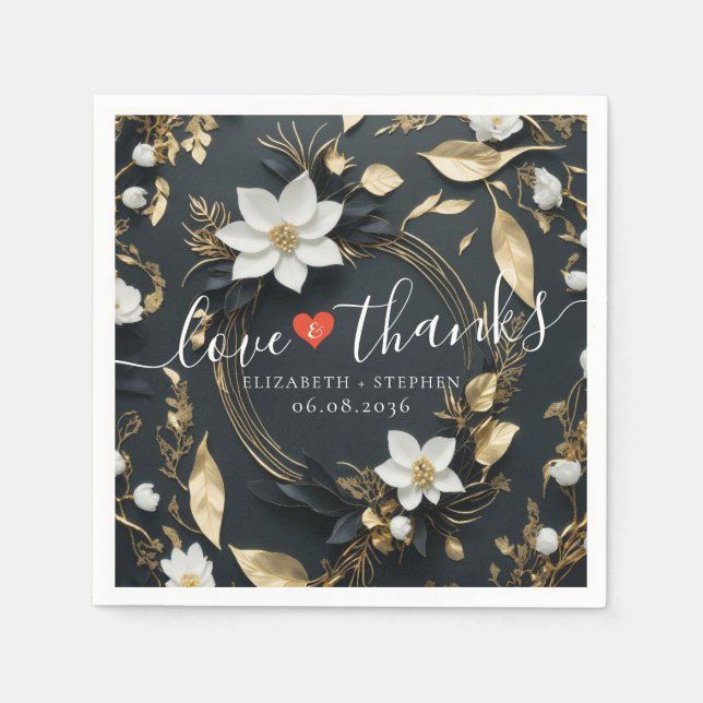 Schwarz-weiße Gold Floral Wreath Wedding Liebe Dan Serviette (Vorderseite)
