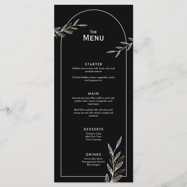 Schwarz-weiße Gold Leaf Wedding Event Menu Karte (Vorderseite)