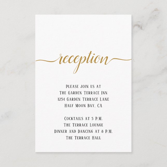 Schwarz-weiße Gold Script Minimal Hochzeitsempfehl Begleitkarte (Vorderseite)
