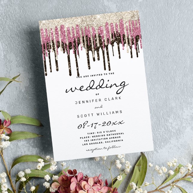 Schwarz-weiße goldfarbene Glam Glitzer Tropfen Hoc Einladung (Black white gold pink glam glitter drips wedding)