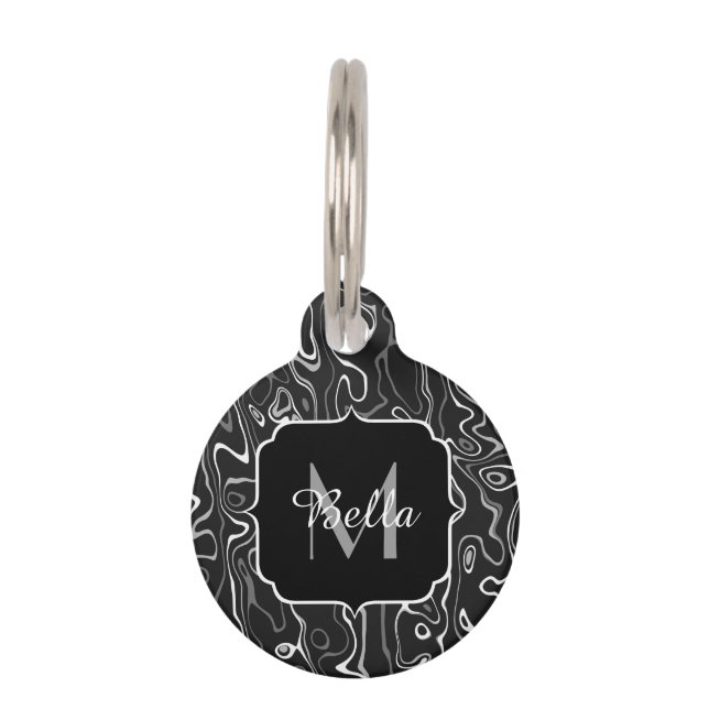 Schwarz-weiße graue Damaskus abstrakte Wirbel Mono Haustiermarke (Vorderseite)